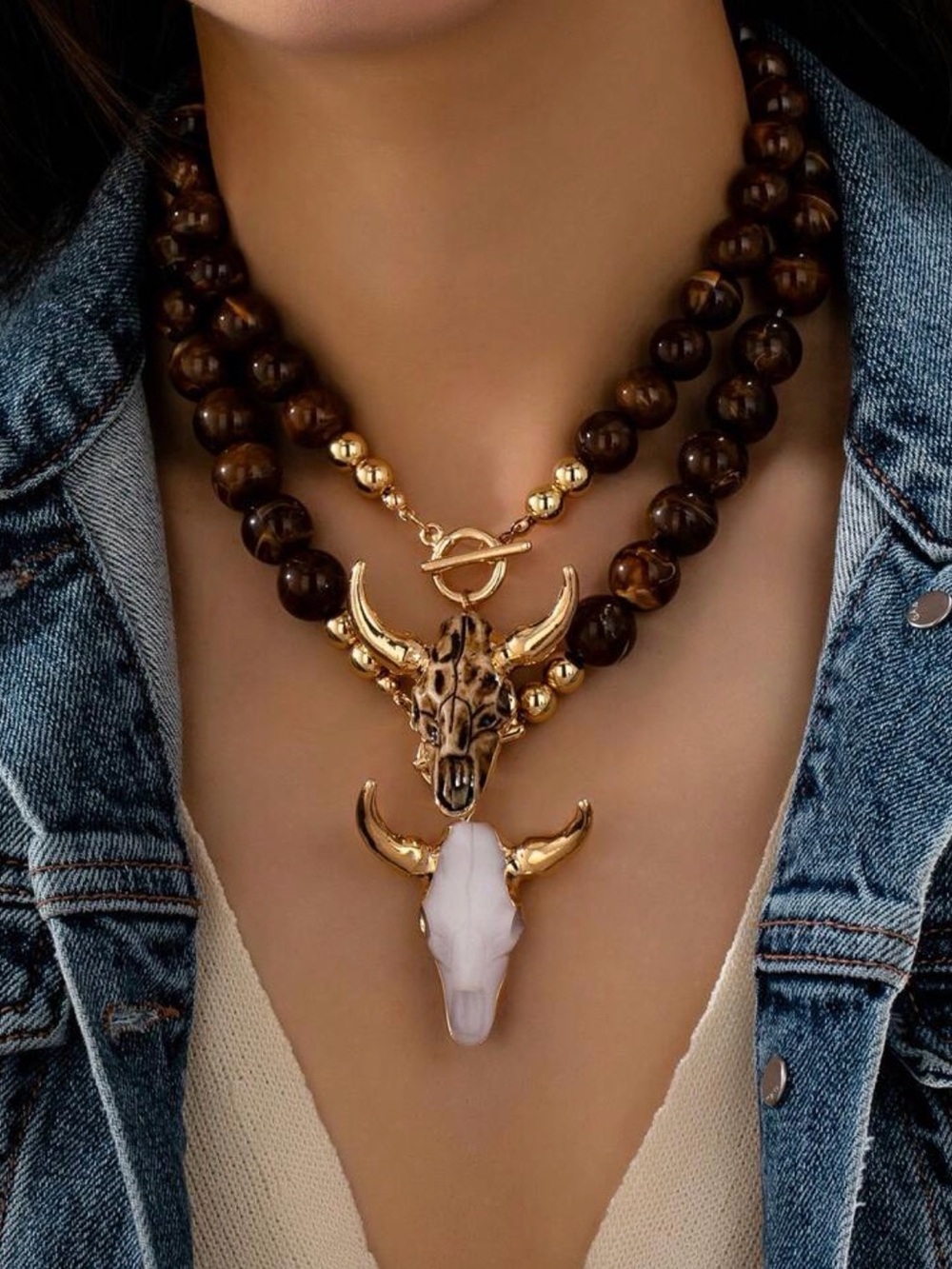Western Necklace Gold & Brown Beads with White or Brown Bull Skull Necklace